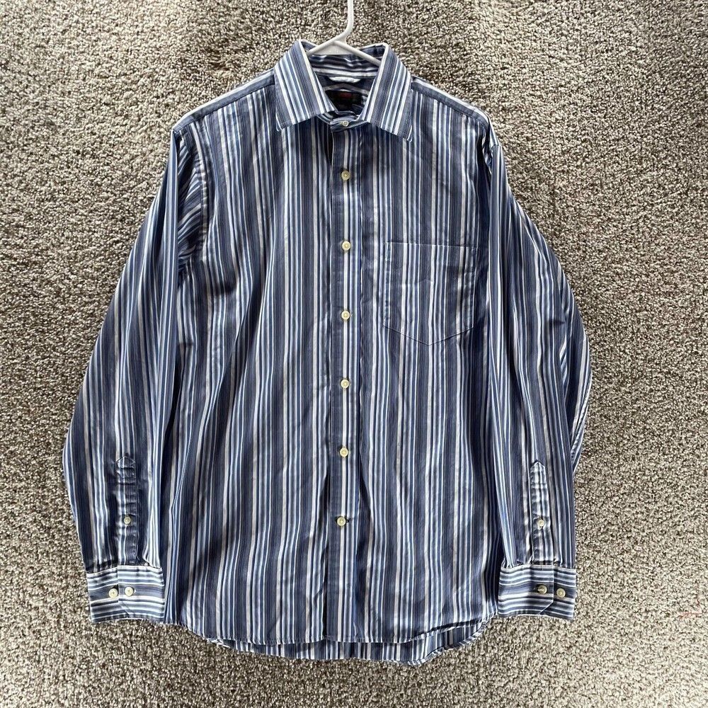 Express Shirt Adult Medium Blue White Striped Woven Button Up Preppy Normcore